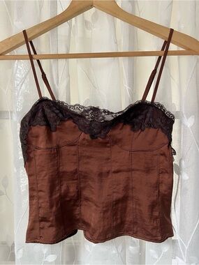Free People Brown Lace Trim Satin Camisole